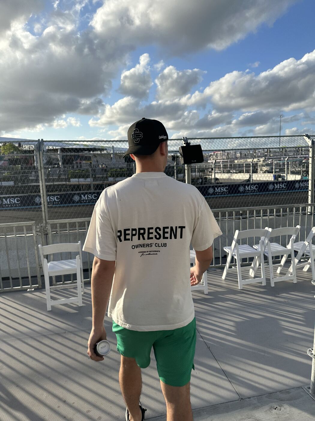 Matt at F1 Miami in a Represent tee